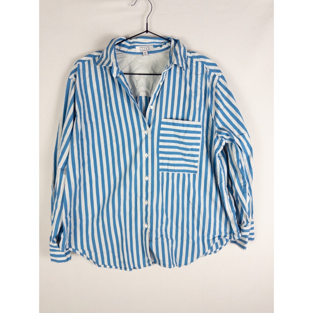 AYR Womens M Blue White Striped Oversized Button Down Poplin Shirt Pocket